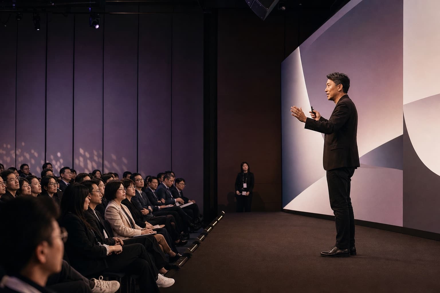 AI 生成的企業論壇攝影情境示意，講者在舞台向與會者發表演說