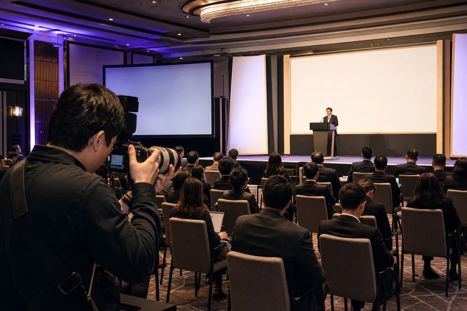 AI 生成的企業記者會攝影情境示意，攝影師在會場拍攝台上講者