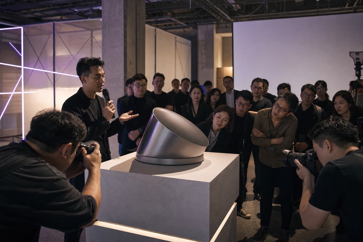 AI 生成的品牌產品發表攝影情境示意，媒體拍攝舞台上的無品牌展品