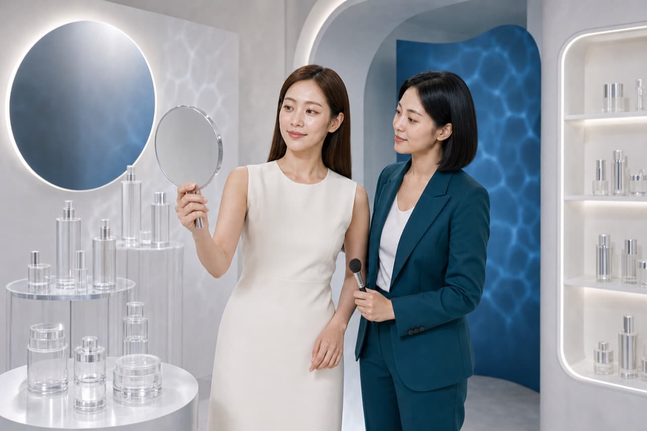 模特與彩妝師一起透過手持鏡確認妝容