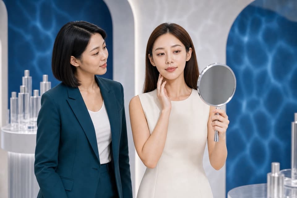 搜尋結果中女主角與彩妝師確認妝容，符合參考人物