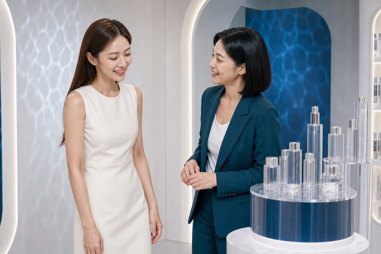 模特與彩妝師在展示台旁自然交談