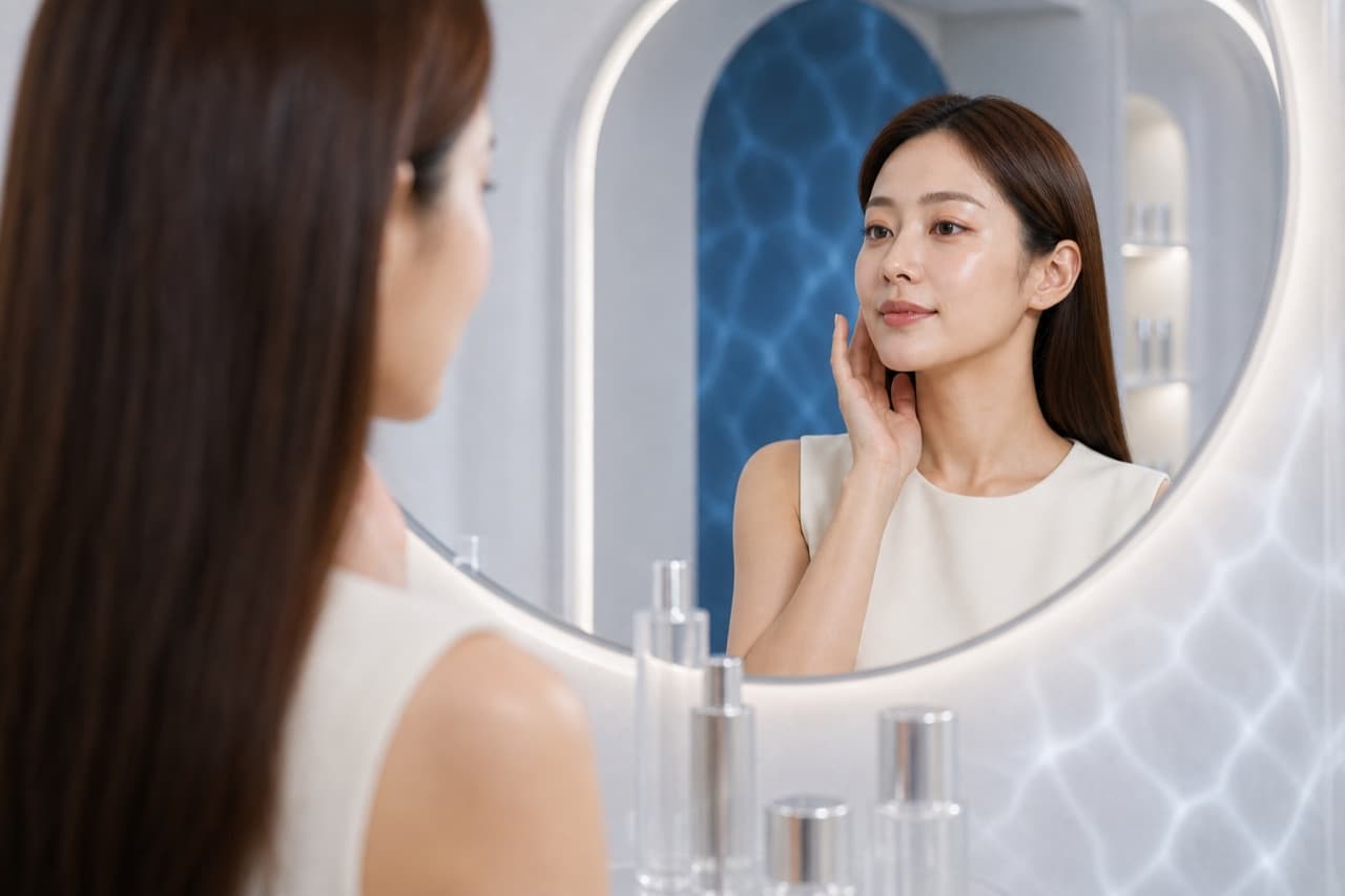 模特透過圓鏡確認完成後的妝容