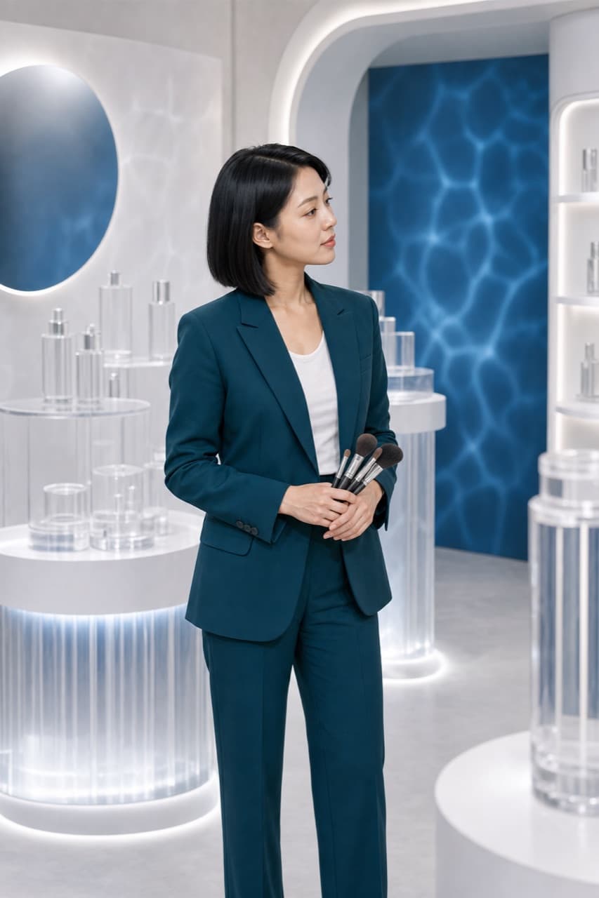 彩妝師手持刷具站在發表會展示區