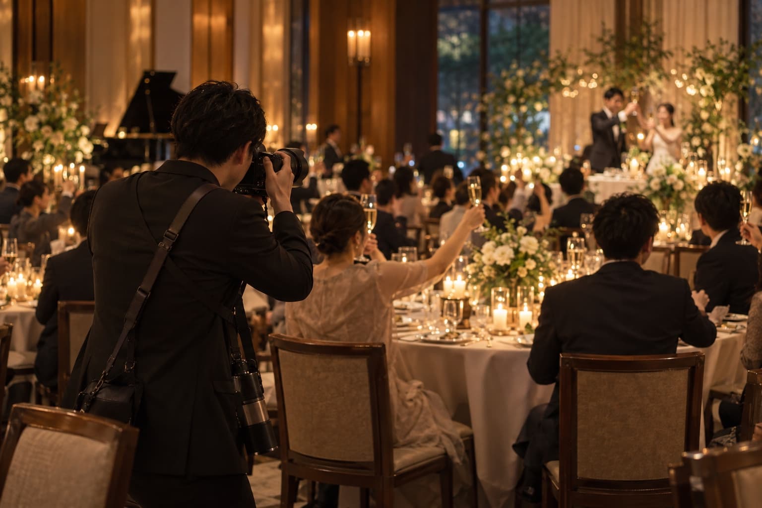 燭光婚宴現場攝影情境示意,賓客舉杯慶祝,攝影師記錄婚禮時刻